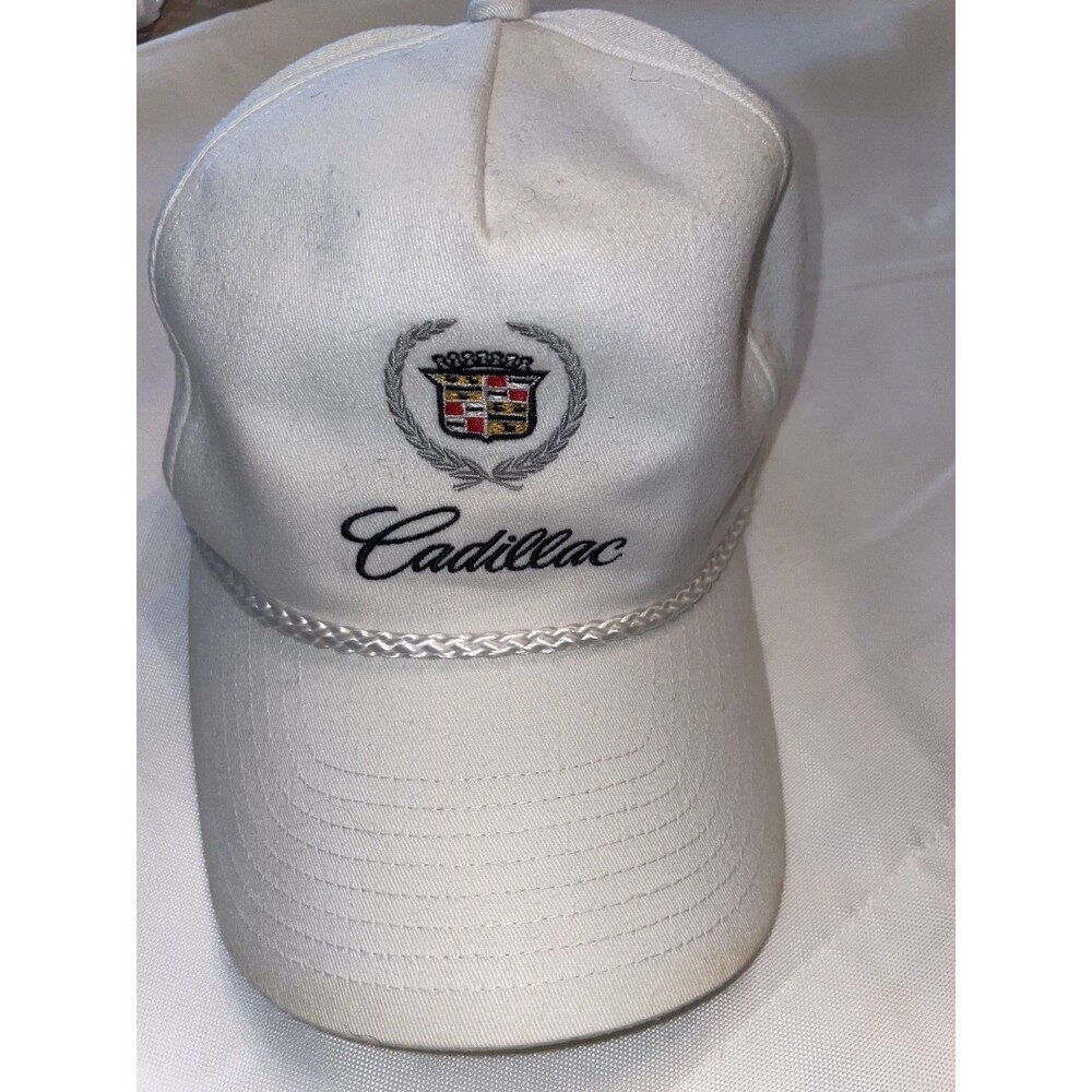 Vintage Cadillac Script Rope Leather Strap Hat Cap General Motors GM Embroidered
